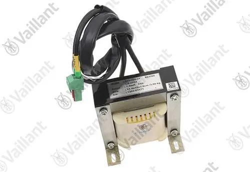 Vaillant Transformator mit Anschlusskabel, kommend von der Marke Vaillant. Der Transformator hat einen kompakten Aufbau, montiert auf einer Metallbasis.